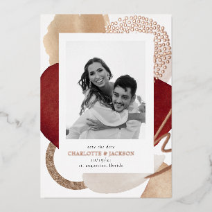 Invitación Con Relieve Metalizado Foto Save The Date con Lámina de Oro Rosa Moderno