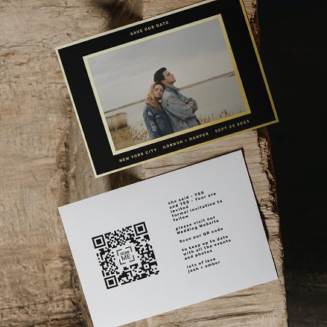 Invitación Con Relieve Metalizado Foto simple Código QR del borde dorado guardar nue (Subido por el creador)
