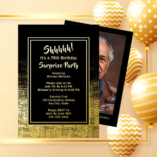 Invitación Con Relieve Metalizado Foto sorpresa de cumpleaños número 70 en dorado y