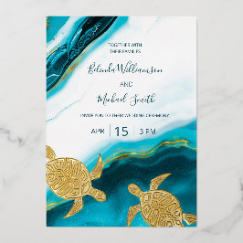 Invitación Con Relieve Metalizado FOTO Tortugas Doradas Tinta Teal Boda
