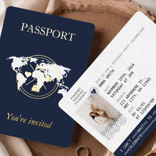 Invitación Con Relieve Metalizado Foto única de cumpleaños con pasaporte azul marino
