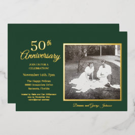 Invitación Con Relieve Metalizado Foto Verde Chic 50 Aniversario Dorado