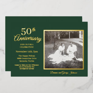 Invitación Con Relieve Metalizado Foto Verde Chic 50 Aniversario Dorado