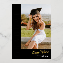 Invitación Con Relieve Metalizado Foto Vertical Moderna Graduación Dorado