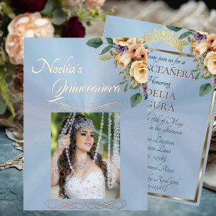 Invitación Con Relieve Metalizado Foto y Floral - Quinceañera Azul