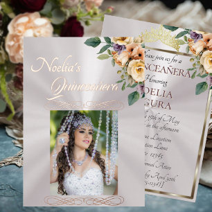 Invitación Con Relieve Metalizado Foto y Floral - Quinceañera Perla