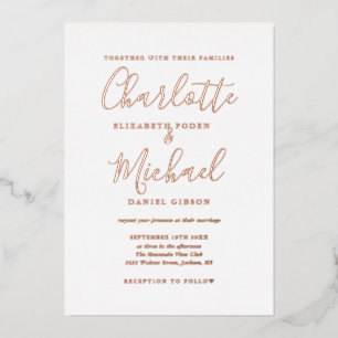 Invitación Con Relieve Metalizado Fotografía de boda con guión de firma Rosa Dorado