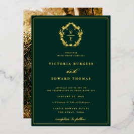 Invitación Con Relieve Metalizado Fotografía de boda con monograma de cresta dorada