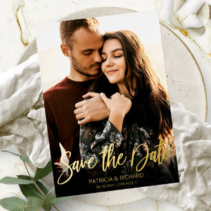 Invitación Con Relieve Metalizado Fotografía de caligrafía Boda Salvar la fecha