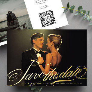 Invitación Con Relieve Metalizado Fotografía de código QR de caligrafía de oro elega