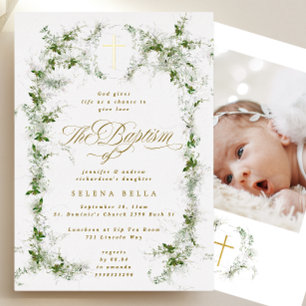 Invitación Con Relieve Metalizado Fotografía de Eucalyptus Frame Gold Cross Baptism