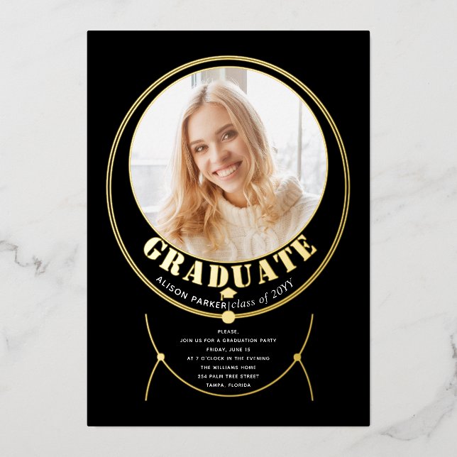 Invitación Con Relieve Metalizado Fotografía de graduación negra inspirada en joyas  (Anverso)