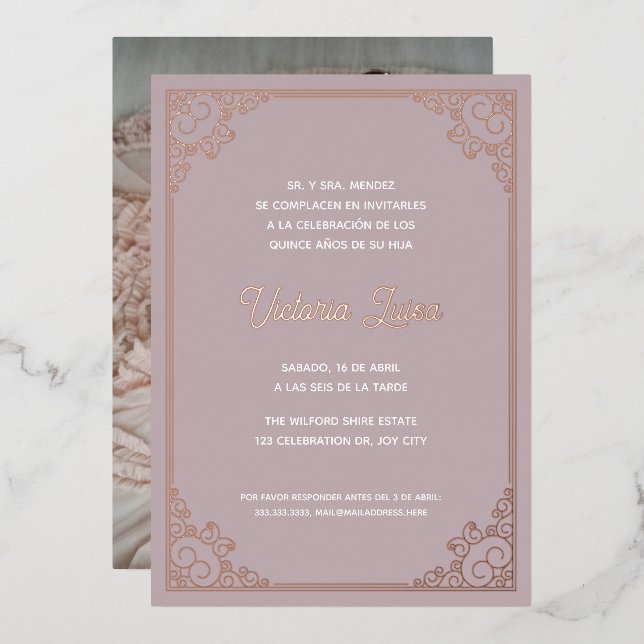 Invitación Con Relieve Metalizado Fotografía de Rubor rosa Quinceañera Ornate modern (Anverso/Reverso)