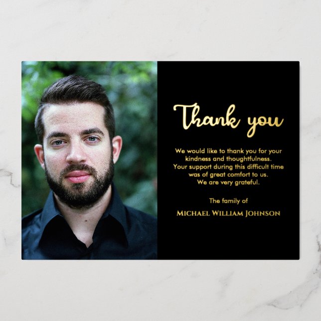 Invitación Con Relieve Metalizado Fotografía Simpatía Bereavement Funeral Black Gold (Anverso)