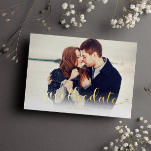 Invitación Con Relieve Metalizado Fotomía con guión de moda Guardar la fecha