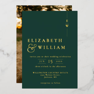Invitación Con Relieve Metalizado Fotos de boda con monograma esmeralda verde y dora