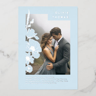 Invitación Con Relieve Metalizado Fotos de boda de flores silvestres elegantes azule