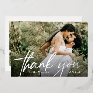 Invitación Con Relieve Metalizado Fotos de boda personalizadas 2 Gracias Script Plat