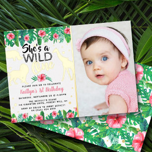 Invitación Con Relieve Metalizado Fotos de Cumpleaños de Wild One Jungle Safari Girl