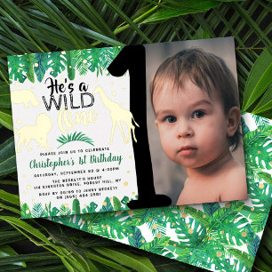 Invitación Con Relieve Metalizado Fotos de cumpleaños número uno de Wild One Jungle 