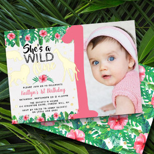 Invitación Con Relieve Metalizado Fotos de cumpleaños número uno de Wild One Jungle 