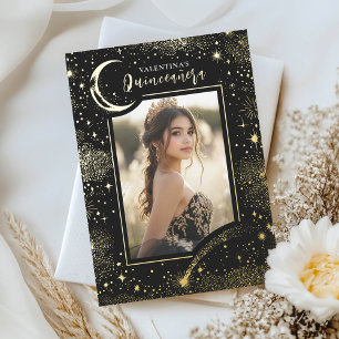 Invitación Con Relieve Metalizado Fotos de Quinceañera de Estrellas de Oro Celestial