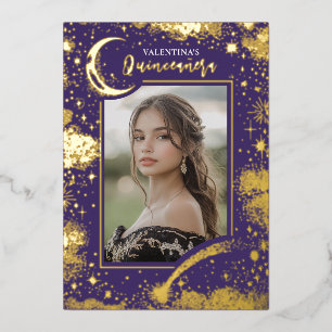Invitación Con Relieve Metalizado Fotos de Quinceañera de Estrellas de Oro Celestial
