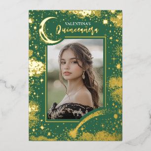 Invitación Con Relieve Metalizado Fotos de Quinceañera de Estrellas de Oro Celestial