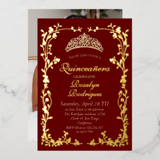 Invitación Con Relieve Metalizado Fotos de Quinceañera Florales de Oro Rojo Real