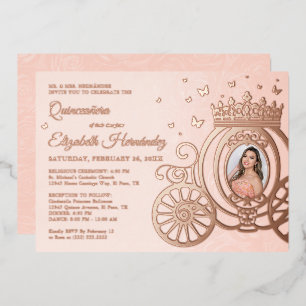 Invitación Con Relieve Metalizado Fotos de Quinceañera Princesa Rosa Dorado Rosa