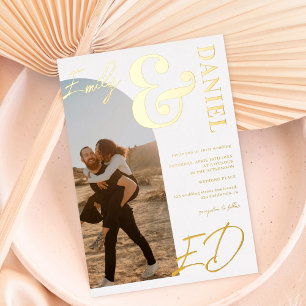 Invitación Con Relieve Metalizado Fotos nombres en negrita script archienemigo boda 