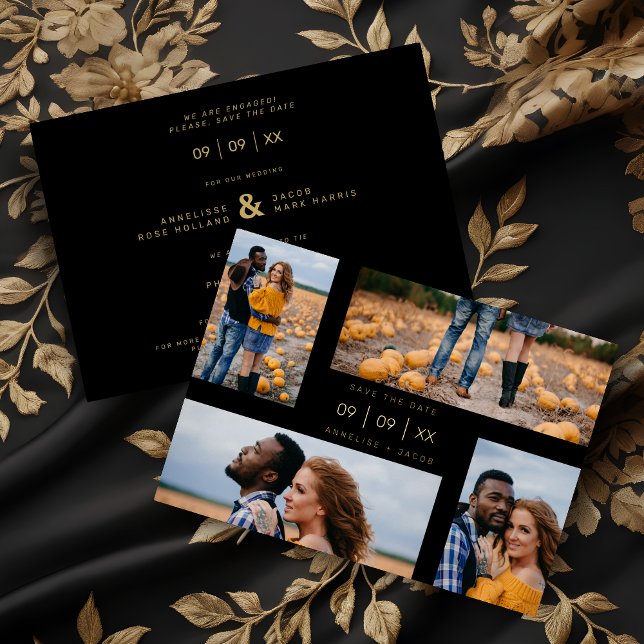 Invitación Con Relieve Metalizado Four Photos Collage Minimalist Modern Wedding (Four Photos Collage Minimalist Modern Wedding Real Metallic Foil Save the Date Card with Envelope.)