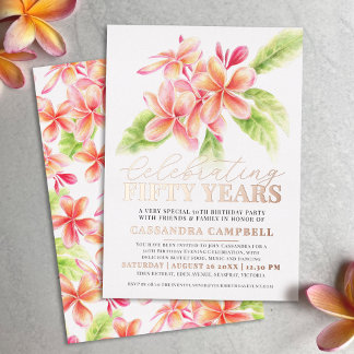 Invitación Con Relieve Metalizado Frangipani celebrando la fiesta de cumpleaños de c