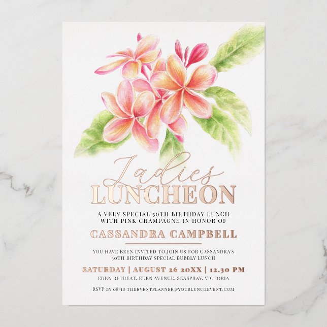 Invitación Con Relieve Metalizado Frangipani floral señoras almuerzo cumpleaños (Anverso)