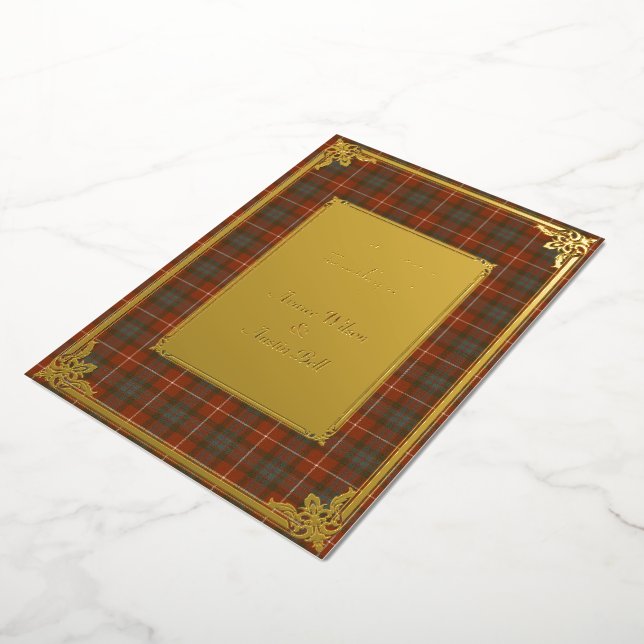 Invitación Con Relieve Metalizado Fraser Red Weathered Tartan Gold (girado)