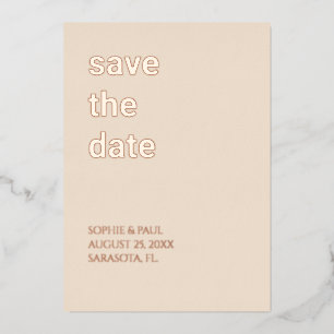 Invitación Con Relieve Metalizado Fresa Beige Guarda la Fecha Rosa Oro