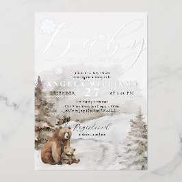 Invitación Con Relieve Metalizado Frío fuera del bosque de invierno Baby Shower neut
