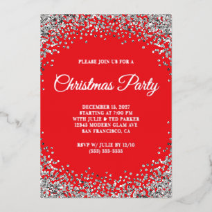 Invitación Con Relieve Metalizado Frontera de brillo plateado Fiesta de Navidad Roja
