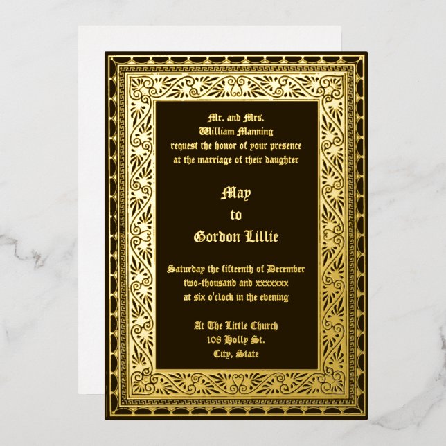 Invitación Con Relieve Metalizado Frontera de la época victoriana de 1882 (Anverso/Reverso)