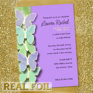 Invitación Con Relieve Metalizado Frontera de Mariposa Verde y Púrpura Bat Mitzvah