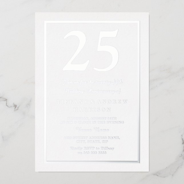 Invitación Con Relieve Metalizado Frontera de plata 25 aniversario de boda plata (Anverso)