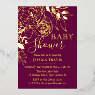 Invitación Con Relieve Metalizado Fuchsia & Gold Modern Floral Baby Shower