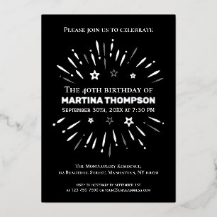 Invitación Con Relieve Metalizado Fuegos artificiales Gris Blanco Negro 40 Fiesta de