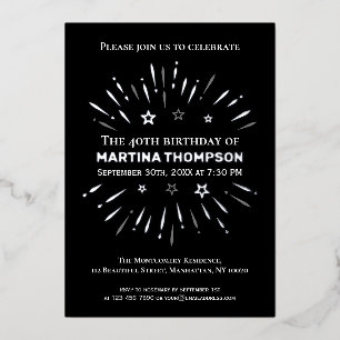 Invitación Con Relieve Metalizado Fuegos artificiales Gris Blanco Negro 40 Fiesta de