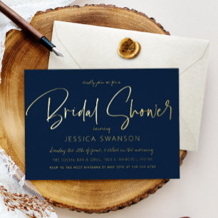 Invitación Con Relieve Metalizado Fun Casual Script Navy Blue Bridal Shower Silver