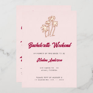 Invitación Con Relieve Metalizado Fun Retro Pink Palm Trees Bachelorette Weekend