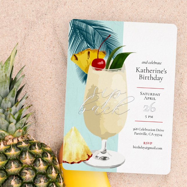 Invitación Con Relieve Metalizado Fun Tropical Pina Colada Cocktail Party Birday Par (Subido por el creador)