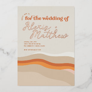 Invitación Con Relieve Metalizado Funky Retro Naranja Peach y Gold Desert Boda