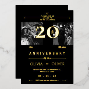 Invitación Con Relieve Metalizado Funny 20º Aniversario Boda entonces y ahora oro