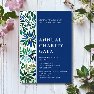 Invitación Con Relieve Metalizado Gala Anual Floral de Acuarela Azul con Hojalata Pl